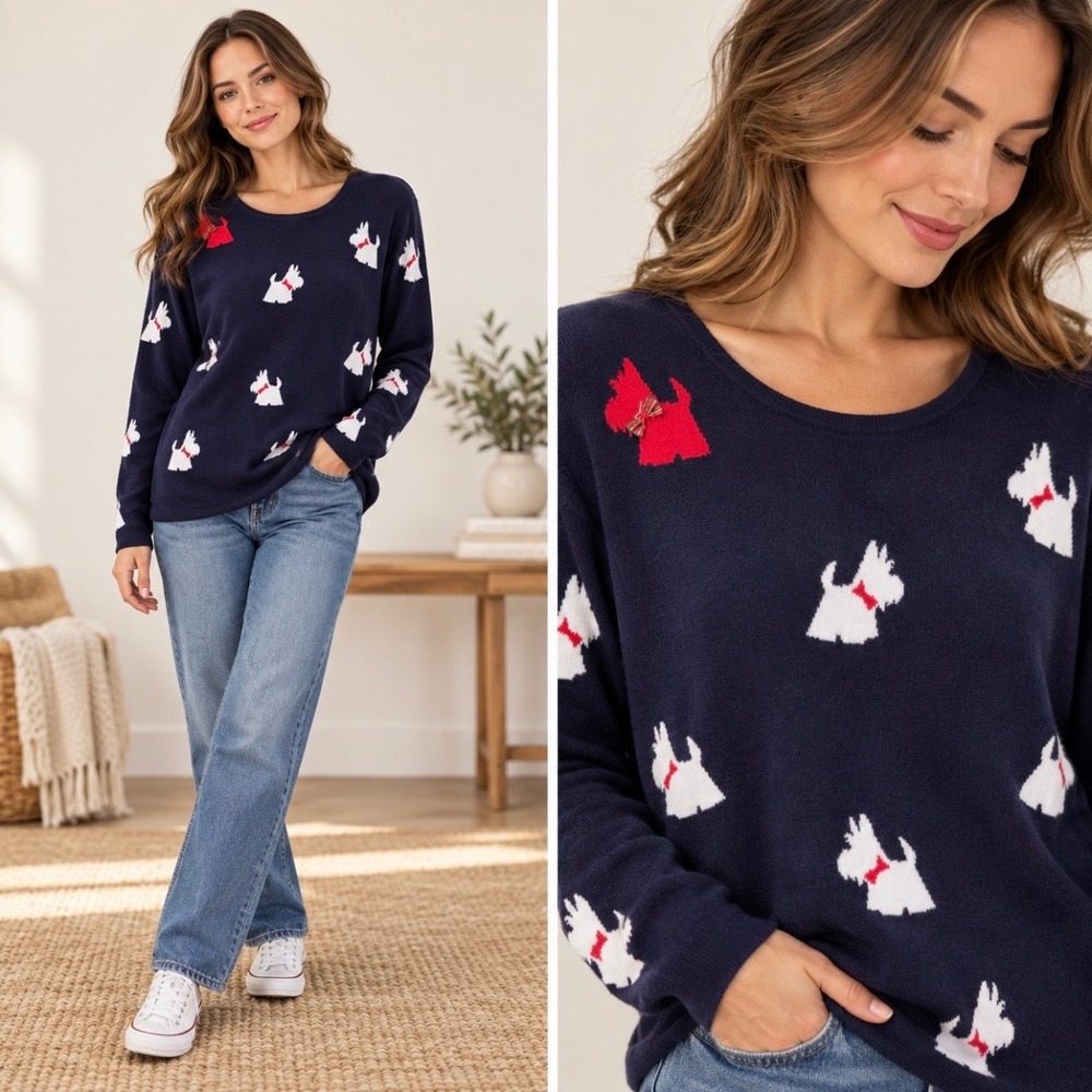 Scottish Terrier Scottie Dog All Over Print Pullover Sweater 2X Blue Bow Sparkle